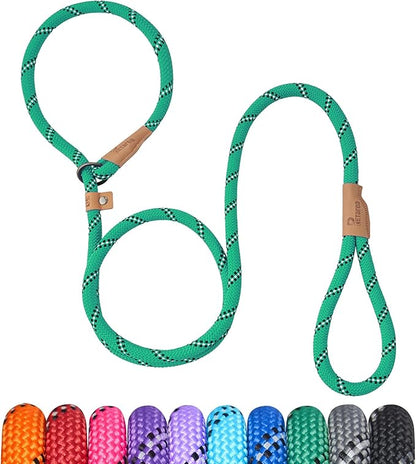 5 FT Slip Lead, Heavy Duty Rope Dog Leash for Small Medium Large Dogs, No Pull Training Lead with Reflective Thread, Strong Comfortable Loop Leash (Green Stripe, Medium(3/8"))