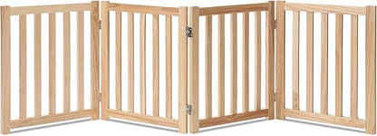 LZRS 4-Panel Wooden Free Standing Foldable Dog Gate Indoor – 24" High, Extra Wide Step-Over Safety Pet Gate for Doorways, Stairs, Hallways, Large Spaces & Playpen for Puppies Indoor Use, Natural