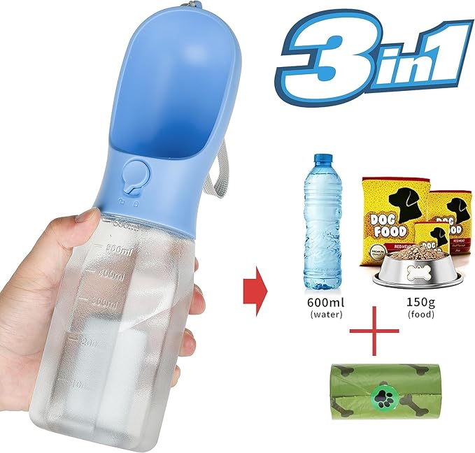 Dog Water Bottle with Food Container, Portable Pet Dog Water Dispenser for Outdoor Walking,Hiking,Travel,Puppy Essentials,Puppy Supplies,Replaceable Waste Bags