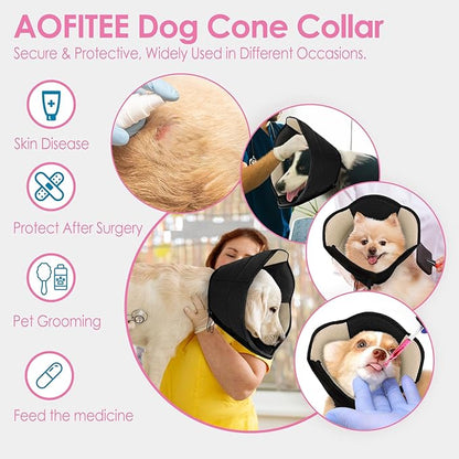 AOFITEE Dog Cone - Soft Dog Cone to Stop Licking, Comfy Cones for Dogs After Surgery, Adjustable Dogs Cones Collar Elizabethan Pet E-Collar for Medium Pets, Pet Recovery Collar, Black Medium
