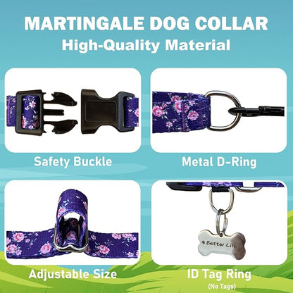 Martingale Collar for Dogs with Buckle Floral Dog Collar Girl Female Soft Nylon Dog Collars for Small Medium Large Dogs (Purple Flower, M)