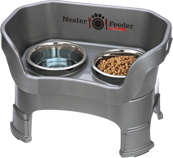 Neater Feeder Deluxe Mess-Proof Elevated Dog Bowls for Medium Dogs (19–40 lbs), 2 Height Adjustable (10” & 12.5”) No-Spill Raised Dog Bowl Stand, Stainless Steel Food Bowl Set, Made in USA, Grey