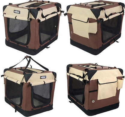 EliteField 4-Door Folding Soft Dog Crate with Curtains, Carrying Bag and Fleece Bed (2 Year Warranty), Indoor & Outdoor Pet Home (30" L x 21" W x 24" H, Brown+Beige)
