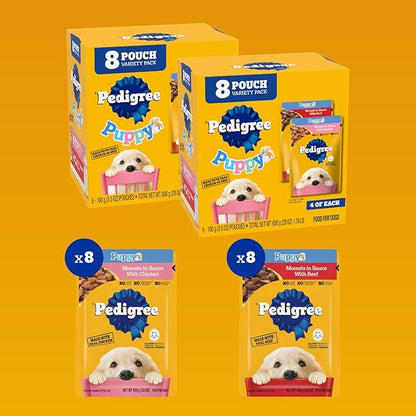 Pedigree Puppy Food Morsels in Sauce, Wet Dog Food Pouches Variety Pack, 3.5 oz. Pouches, 8 Count (Pack of 2)
