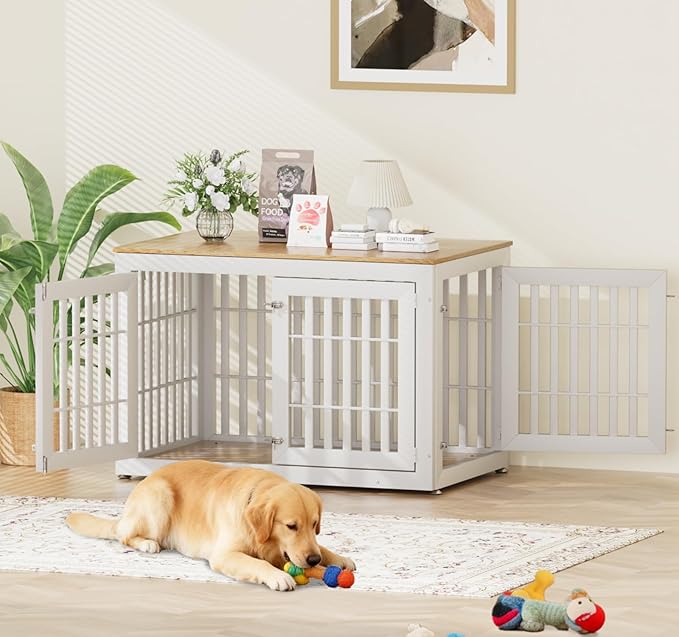 Snuowu 48" Heavy Duty Dog Crate Furniture for Small,Medium and Large Dogs,Rustic Wooden Dog Cage Kennel Indoor Furniture with Waterproof Top,Decorative Pet House Side End Table (White & Wood)