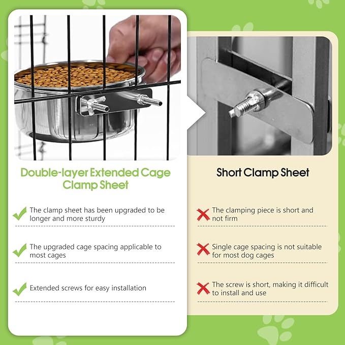 2 Pack Dog Crate Water Bowl No Spill, Stainless Steel Dog Bowls for Food and Water, Pet Kennel Hanging Dogs Food Bowls for Medium/Large Dogs and Cats (7.1"x3.7" & 6.3"*2.6", Silver)