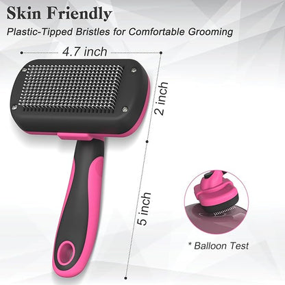 Dipoo Self-Cleaning Pet Grooming Brush - Skin-Friendly Deshedding Tool for Dogs & Cats in Pink, Removes Loose Hair and Tangles