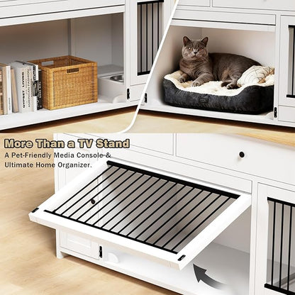 63" Dog Crate Furniture with 2 Drawers & Cabinets, Heavy Duty Wooden Dog Kennel TV Stand for Medium/Large Dogs, Dog Kennel Indoor Dog Cage with Storage, Decorative Pet Crate Sideboard, White