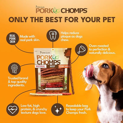 Pork Chomps Dog Chews, 5 Inch Munchy Sticks, 50 Count - Assorted Flavors: Roasted Pork, Chicken, & Bacon - Long-Lasting Treats for Dogs - High Protein, Low Fat, Healthy & Delicious Chews (1 Pack)