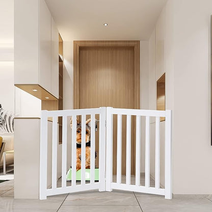 LZRS 2-Panel Wooden Free Standing Foldable Dog Gate Indoor – Solid Hardwood 24" High, Step-Over Safety Pet Gate for Doorways, Stairs & Small Spaces - Indoor Use, White