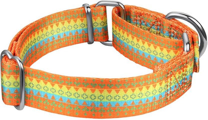 Fashion Print and Unique Geometric Pattern Martingale Dog Collar, Silky Soft Safety Training Collars for Small to Large Dogs (Medium, 1 Inch Wide, Orange Yellow and Green)
