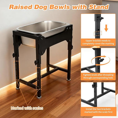 1.25 Gallons Elevated Large Dog Water Bowl, 4 Height Adjustable Stainless Steel Raised Dog Bowls with Stand, Indoor Outdoor Pet Water Bowl Relief Joint Pressure Pet Dishes for Dogs Easy Clean