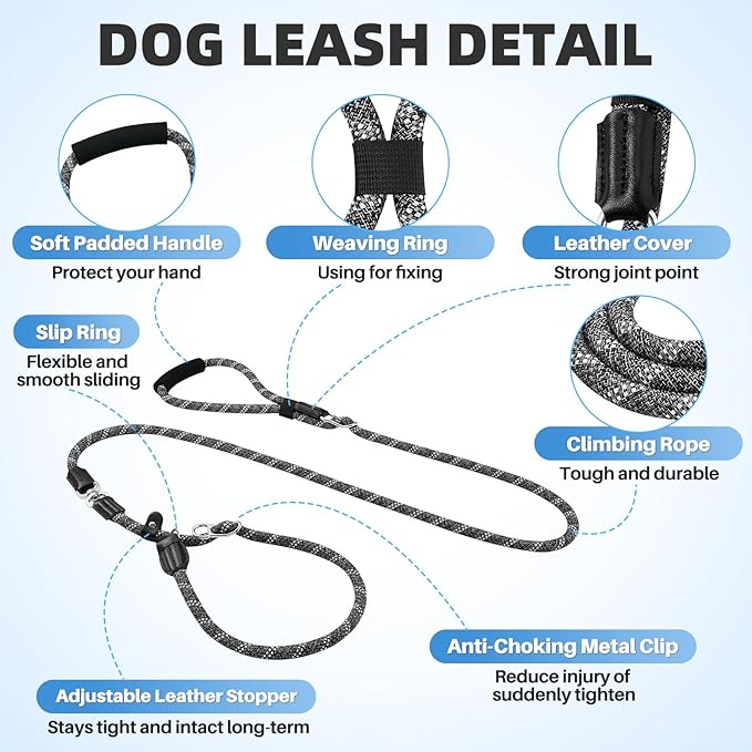 SlowTon Slip Lead for Dogs - Hands Free No Tangle Adjustable 5-7 FT 1/2” Rope, Heavy Duty Nylon Leash for Large Medium Dogs that Pull, No Pull Training Slip Leashes, 20-120lb, Dark Grey
