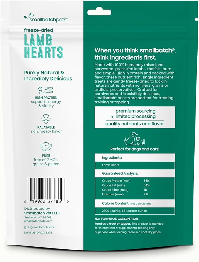 smallbatch Pets Premium Freeze-Dried Lamb Heart Treats for Dogs and Cats, 3.5 oz, Made and Sourced in The USA, Single Ingredient, Humanely Raised Meat, No Preservatives or Anything Artificial Ever
