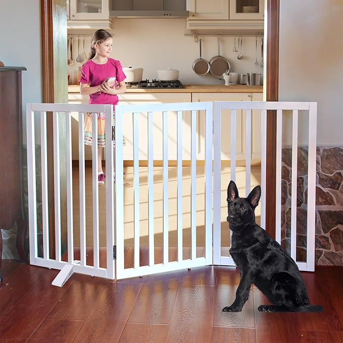 Dog Gate Indoor, Freestanding Dog Fence for The House, Doorways, Hallways,or Stairs,Pet Gate Foldable Wooden,Expandable 32" Height 3 Panels,White