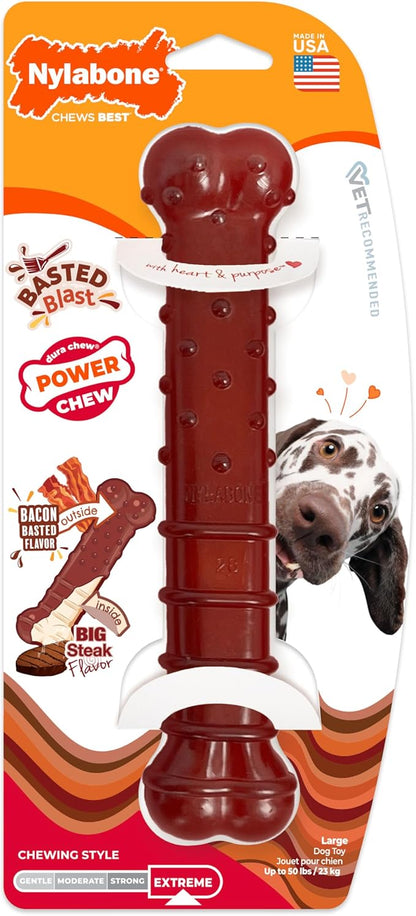 Nylabone Textured Bone Power Chew Toy for Dogs, Durable & Tough Dog Toys for Aggressive Chewers, Basted Blast Bacon and Steak Flavor, Large Dogs - Up to 50 lbs, 1 Count