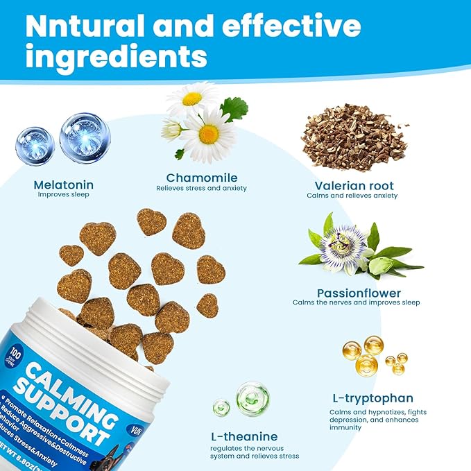 Calming Chews for Dog,Dog Calming Chews Anxiety&Stress Relief Treat with Melatonin,L-Theanine,Sleep Aid for Small/Large Dogs for Separation,Barking,Thunderstorm,Fireworks,Travel,Vet Visit -100 Counts