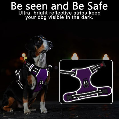 Timos Dog Harness Large Sized, No Pull with Neck Lockable Snap,No Choke Front Clip Dog Reflective Harness,Adjustable Metal Rings 3 Buckles,Easy Control Handle for Large Dogs Purple L