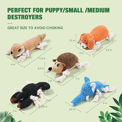 LEGEND SANDY Dog Squeaky Toys for Puppy, 5 Pack Small Dog Toys, Stuffed Animal Puppy Toys with Tug of War Ropes Value Bundle, Puppy Chew Toys for Teething with Squeakers Small Medium Breeds