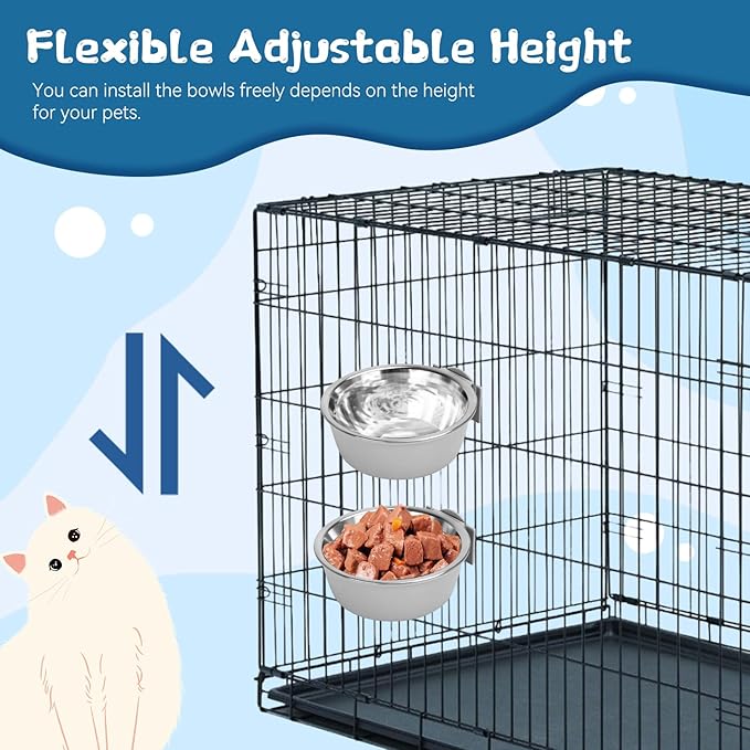 2 Pcs Crate Dog Bowl, Removable Stainless Steel Pet Kennel Hanging Food Water Feeder Bowl Set Non-Spill Cage Feeder for Puppy Small Medium Dog Cat Rabbit Ferret Bird