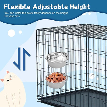 2 Pcs Crate Dog Bowl, Removable Stainless Steel Pet Kennel Hanging Food Water Feeder Bowl Set Non-Spill Cage Feeder for Puppy Small Medium Dog Cat Rabbit Ferret Bird