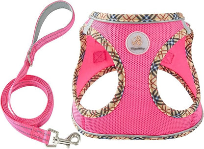 Hipubby Dog Harness Small Sized and Leash Set, No Pull Soft Mesh Puppy Vest, Reflective Breathable Lightweight Pet Harness, Harness for Small Medium Dogs and Cats - Rose Red/Khaki Trim, XS