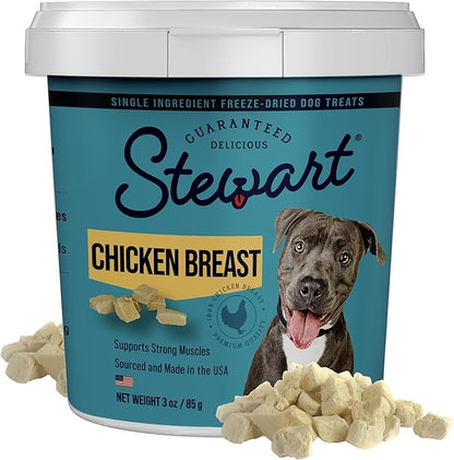 Stewart 100% Chicken Breast Dog Treats, 3 oz Tub, ~55 Pieces, Freeze Dried Raw, Single Ingredient, 74% Protein Training Treats or Meal Topper, Grain Free, Gluten Free
