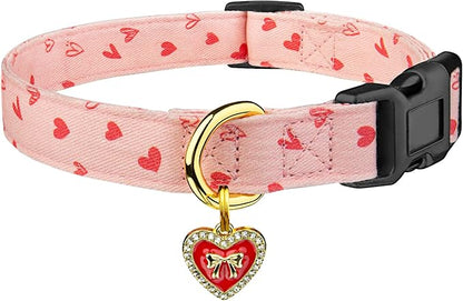 Cotton Handmade Dog Collar Cute and Distinctive Patterns Pink Heart with Pendant for Girl Boy Dogs Collars M