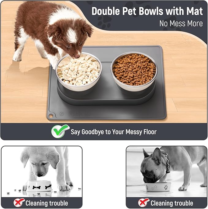 Marchul Stainless Steel Elevated Dog Food Bowls Set with Spill Proof Dish Mat, Raised Tilted Cat Bowl for Healthy Digestion, 1-Second Detachable & Dishwasher Safe