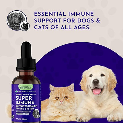 Animal Essentials Super Immune - Dog & Cat Immune Support for Puppies with Olive Leaf Extract & Echinacea, Olive Root for Dogs, Supports Respiratory Health & Overall Wellness - 1 Fl Oz