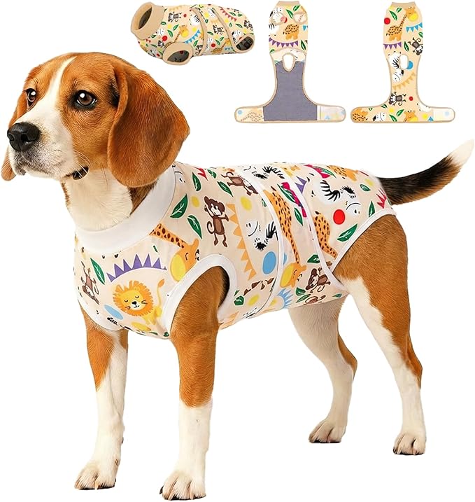 PetWarm Dog Surgical Recovery Suit Female, Substitute E-Collar Cone Prevent Licking Onesies for Dogs, Dog Surgery Recovery Suit, Female Male Onesie for Dogs Spay Neuter, Zoo Pattern, Yellow, L