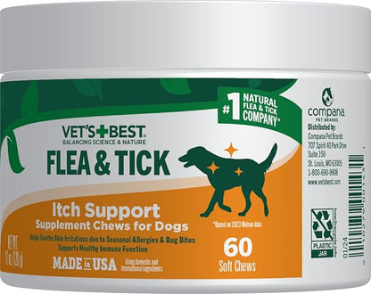 Vet's Best Natural Flea & Tick Soft Chews for Dogs – Natural Supplement for Dog Flea and Tick Prevention – Veterinarian-Formulated Itch Relief and Immune Support – Made in USA – 60 Chews