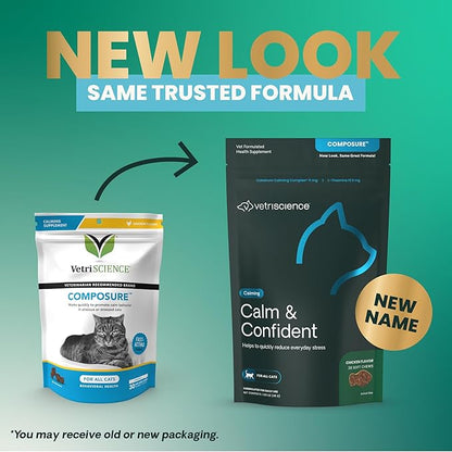 VetriScience Calm & Confident Chews, Composure Calming and Anxiety Supplement for Cats, Reduce Stress and Fear, Ideal for Travel, Vet, Grooming and Routine Changes, Chicken, 30 Count