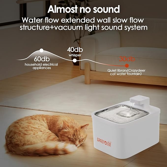 Cat Water Fountain with Stainless Steel Tray - 4L/135oz Automatic Water Dispenser for Cat, Wireless Battery Operated Drinking Fountain Bowl, Pet Water Fountain Indoor