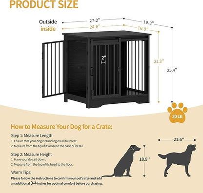 Hzuaneri 27.2" Dog Crate Furniture with Barn Door, Heavy Duty Dog Kennel Indoor with 2 Doors, Wooden Pet Cage End Table for Small Medium Dogs up to 22 lb, Anti-Chew Anti-Escape, Black DFC84304B
