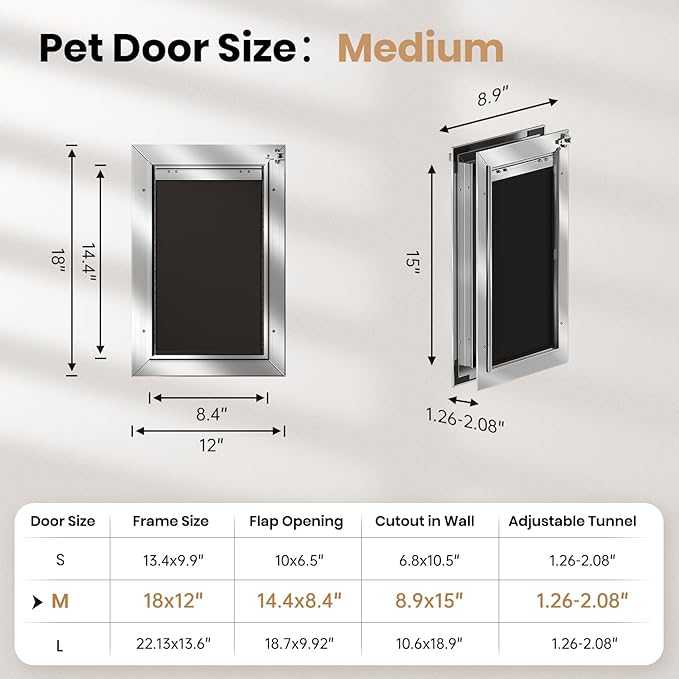Dog Door All Aluminum Medium, Doggy Doggie Cat Door, Heavy Duty Pet Door for Install in Interior Exterior Doors or Wall, 2 Magnetic Flaps, Energy Efficient, Closing Panel for Pets Up to 45Lb