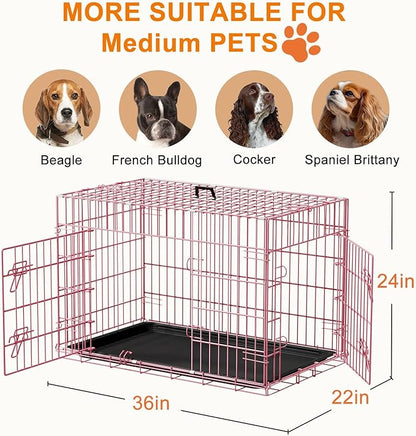 FDW Dog Crate 36inch Dog Cage Foldable Metal Kennel with Leakproof Tray Foldable Design Indoor Outdoor Use for Medium Dogs,Pink