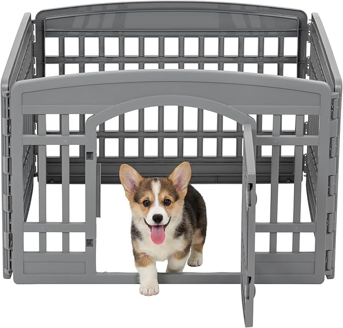 IRIS USA 24" Dog Playpen 4-Panel Pet Exercise Pen with Door Gate 35 x 35 x 24 Puppy Play Pen Indoor Outdoor Plastic Foldable Portable Pet Fence for Small Medium Dogs Puppies Multiple Pets Gray
