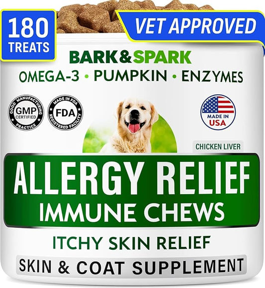 BARK&SPARK Dog Allergy Relief Soft Chews for Skin Health & Seasonal Allergies - Anti-Itch Supplement w/Omega-3, Quercetin & Bromelain Immune Treats for Dry Skin & Hot Spots - Chicken Liver - 180ct