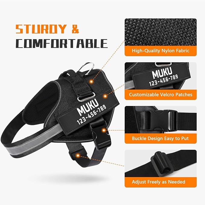MUMUPET Custom Dog Harness Vest with 2 Personalized Name & Phone Patches, No Pull Reflective Adjustable with Handle, Soft Breathable Padding for Small Dogs (Black, S)