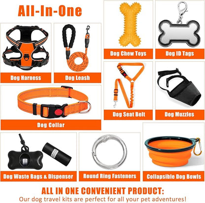 No Pull Dog Harness Adjustable Collar & Leash Set - Dog Halter Harnesses Collapsible Bowls & Poop Bag Dispenser Muzzle ID Tags Toys Fits Small Medium Large Dogs (Orange-L)