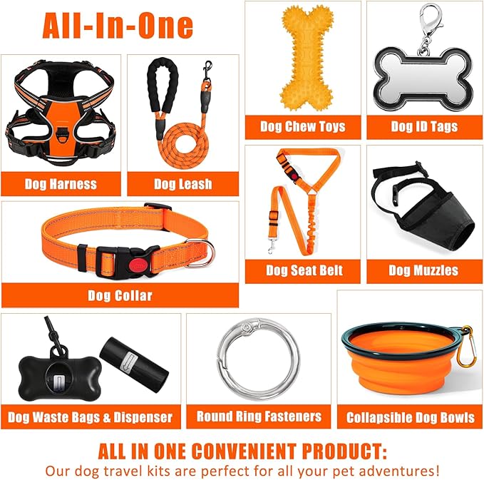 No Pull Dog Harness Adjustable Collar & Leash Set - Dog Halter Harnesses Collapsible Bowls & Poop Bag Dispenser Muzzle ID Tags Toys Fits Small Medium Large Dogs (Orange-M)