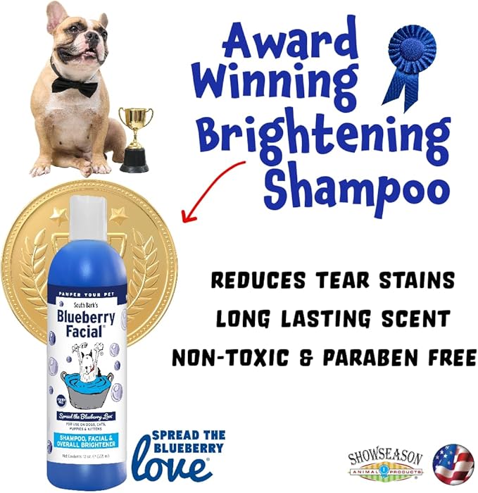 ShowSeason South Bark's Blueberry Facial® Pet Shampoo 12 oz. | Brightener & Tear Stain Remover, Long-Lasting Odor Eliminator, Cruelty-Free, Paraben-Free, Made in The USA, for Dogs and Cats