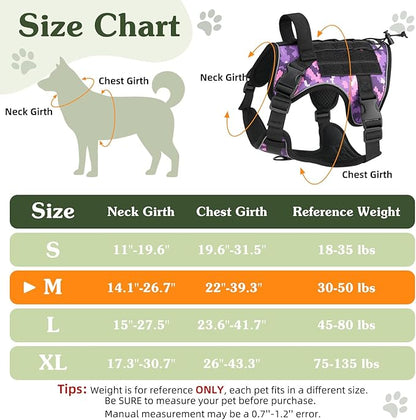 VavoPaw Heavy Duty Tactical Dog Harness for Large Dogs, No Pull Adjustable Pet Harness Reflective Service Training Easy Control Pet Vest Military K9 Working Dog Harnesses, Purple Camouflage, M