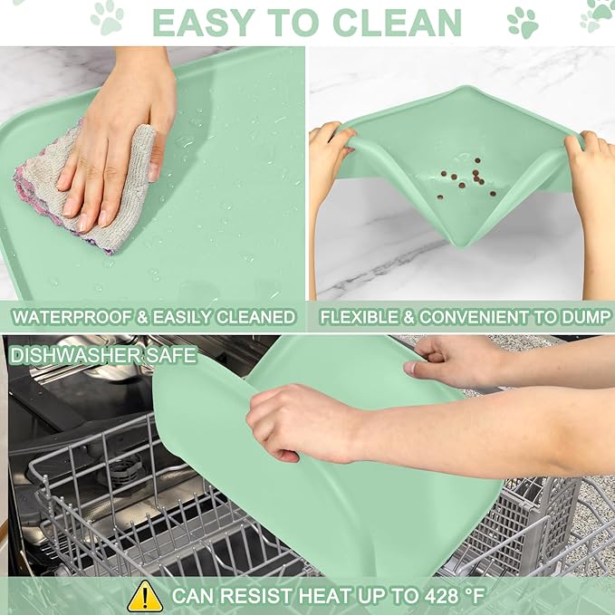 Smilool Silicone Pet Food Mat with Raised Edge for Food and Water Bowl, Dog Feeding Mats, Cat Food Trays for Floor Waterproof, Rubber Tray for Dogs and Cats, 24 x 16 x 0.8 Mint Green