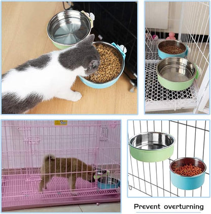 Pet Hanging Bowl 2-in-1 Removable Stainless Steel Food Hanging Bowl for Puppy/Cat, Andiker Pet Bowl Hanging Cage Large Water Food Feeder for Dogs Cats (Small, Green)