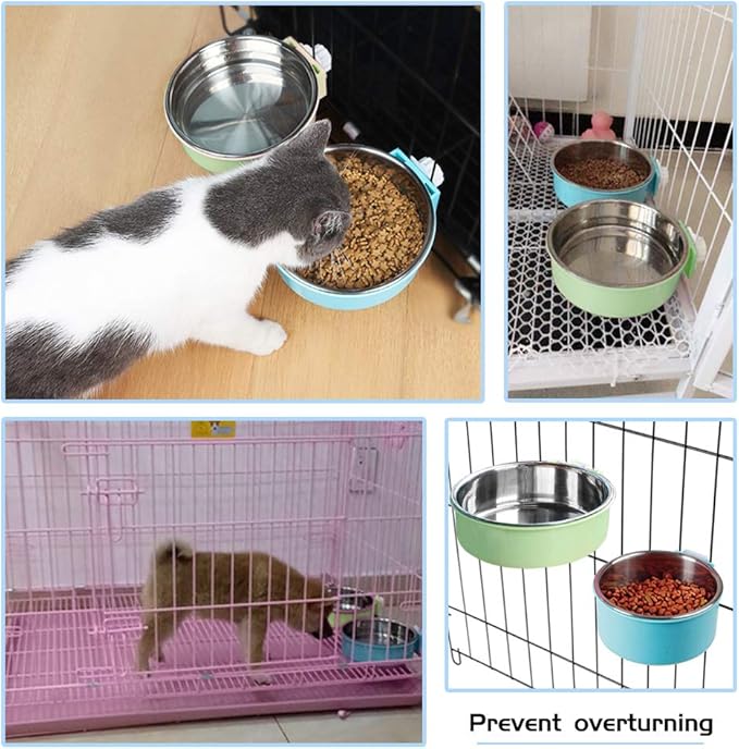 Pet Hanging Bowl 2-in-1 Removable Stainless Steel Food Hanging Bowl for Puppy/Cat, Andiker Pet Bowl Hanging Cage Large Water Food Feeder for Dogs Cats (Large, Green)