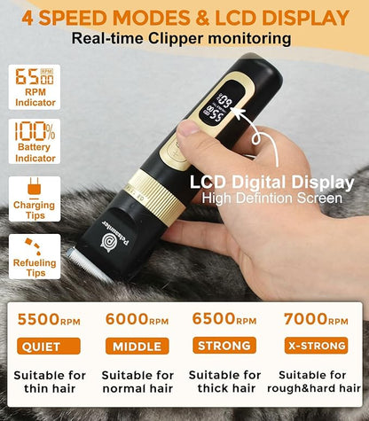 Petsaunter Dog Clippers for Grooming Kit, 4-Speed & LCD, Low Noise Electric Trimmer for Grooming, TypeC Rechargeable Dog Hair Clippers, Quiet for Dogs & Pets with Thick or Heavy Coats(C95 Set)