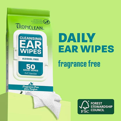 TropiClean Dog Ear Wipes, Dog Ear Cleaner, Soothing Itch Relief, Gently Removes Wax and Debris, Odor Eliminating, Safe for Daily Use, Cat Safe, 50ct.