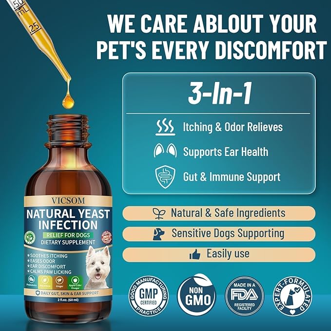 VICSOM Natural Dog Yeast Infection Treatment for Dogs, Itchy Skin & Ear Treatment Natural Support Allergy Relief, Dog Yeast Infection Relief, Support Irritation, Itching & Inflammation 60ml